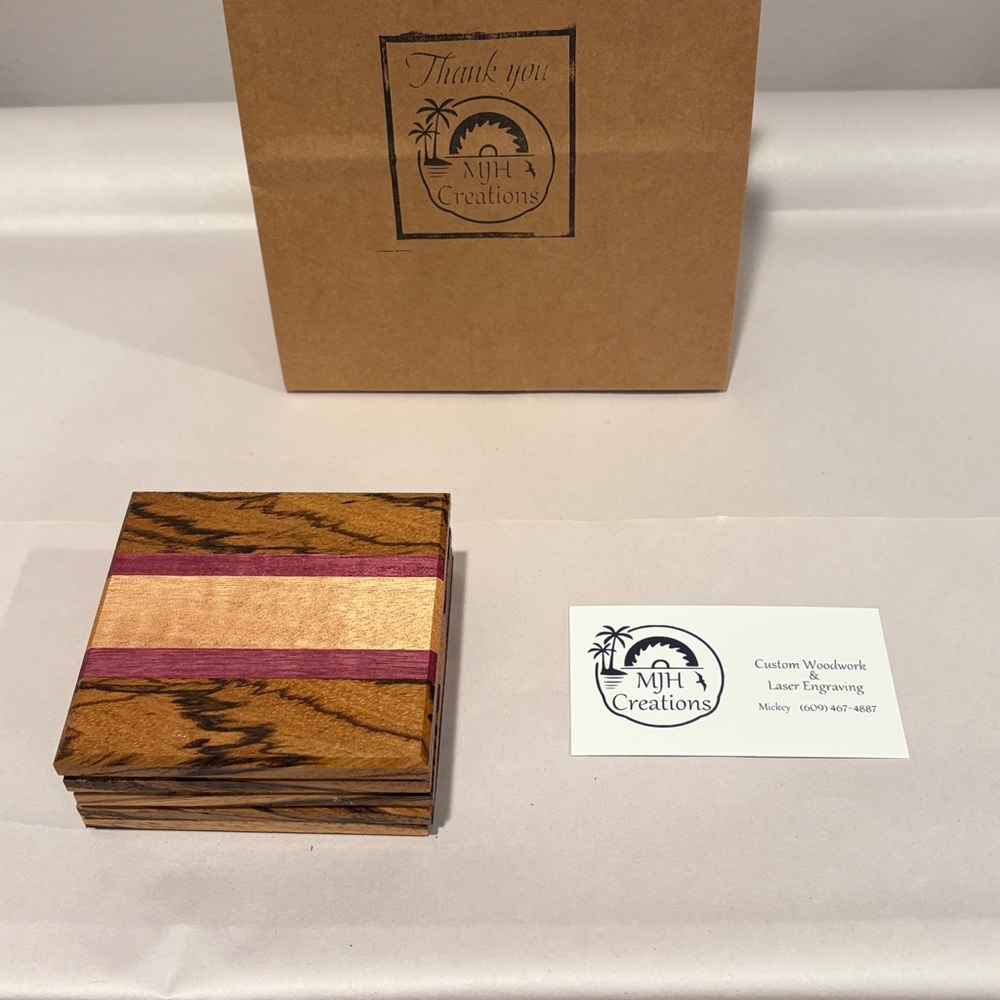 Handmade Set of 5 Wooden Coasters - Okoume/Purple Heart/Zebra Wood Components